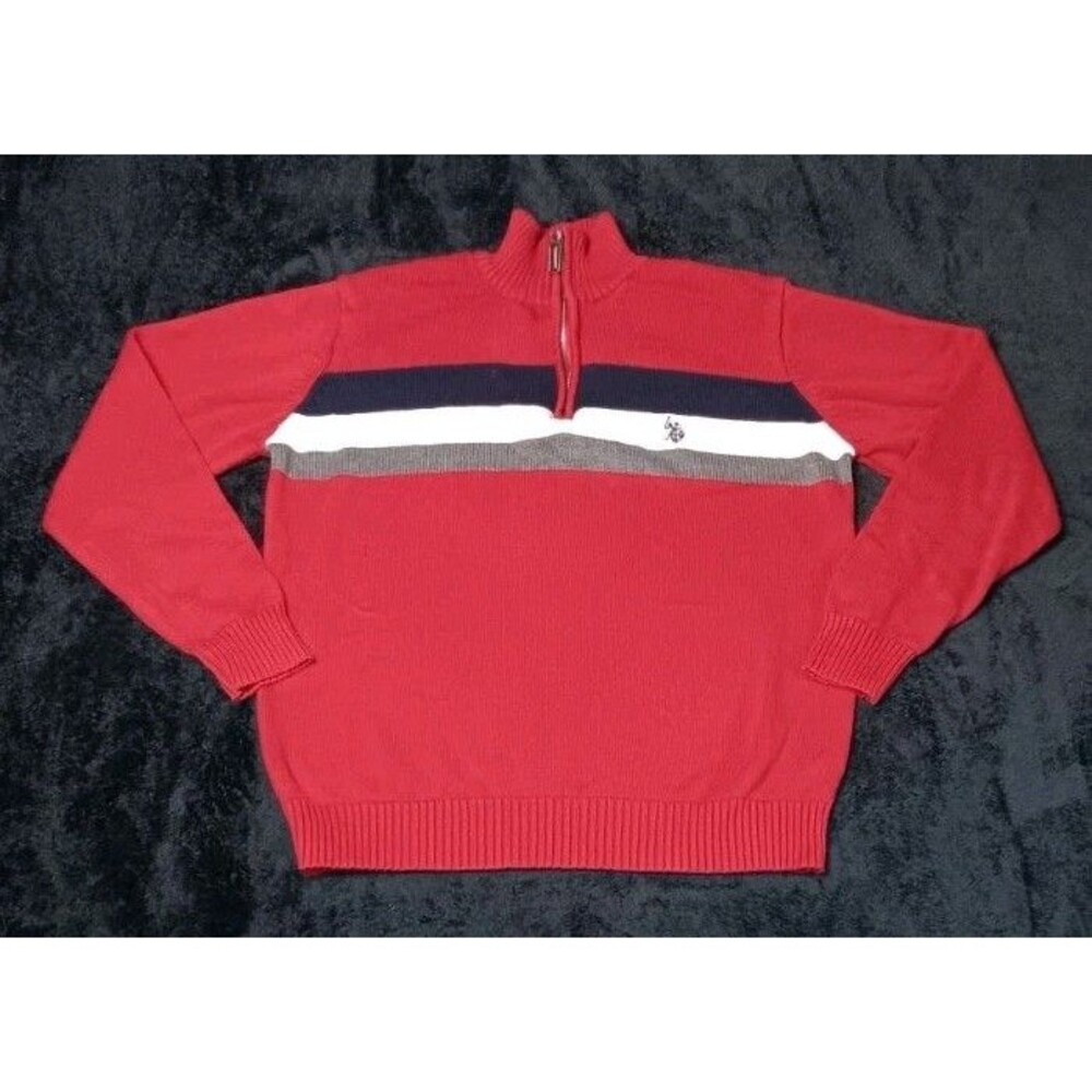 US Polo Assn Quarter Zip Mock Neck Knit Pullover Sweater Mens M Red Colorblock